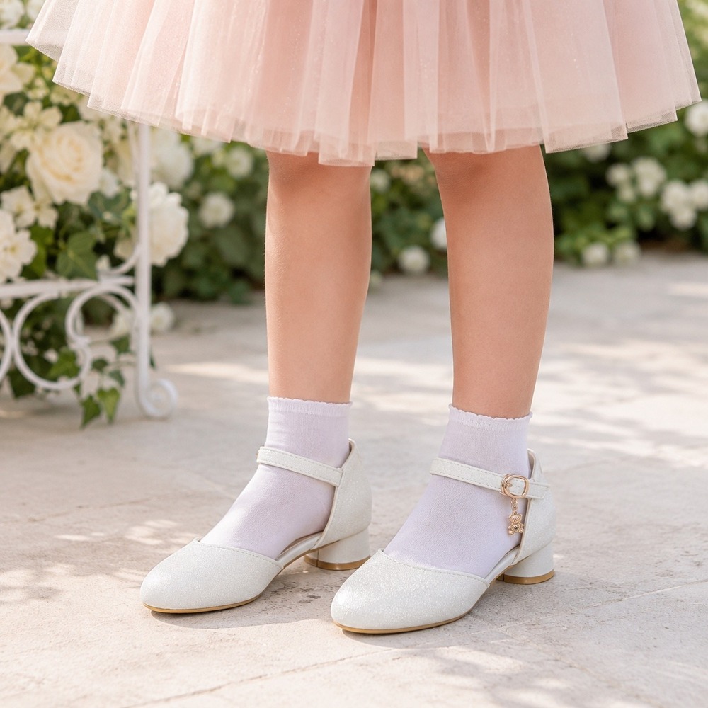 Fashion Kids White Glitter Mary Jane Heels Gold Bear Charm Size 29 US 11.5